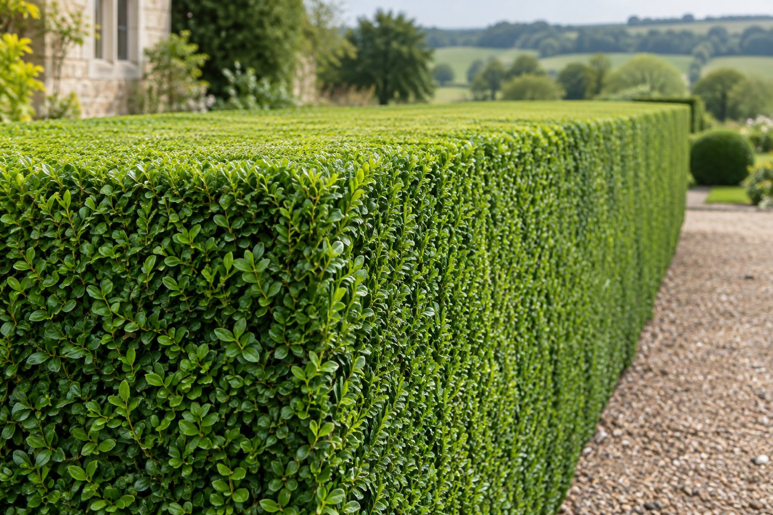 Neatly trimmed formal hedge with crisp clean lines