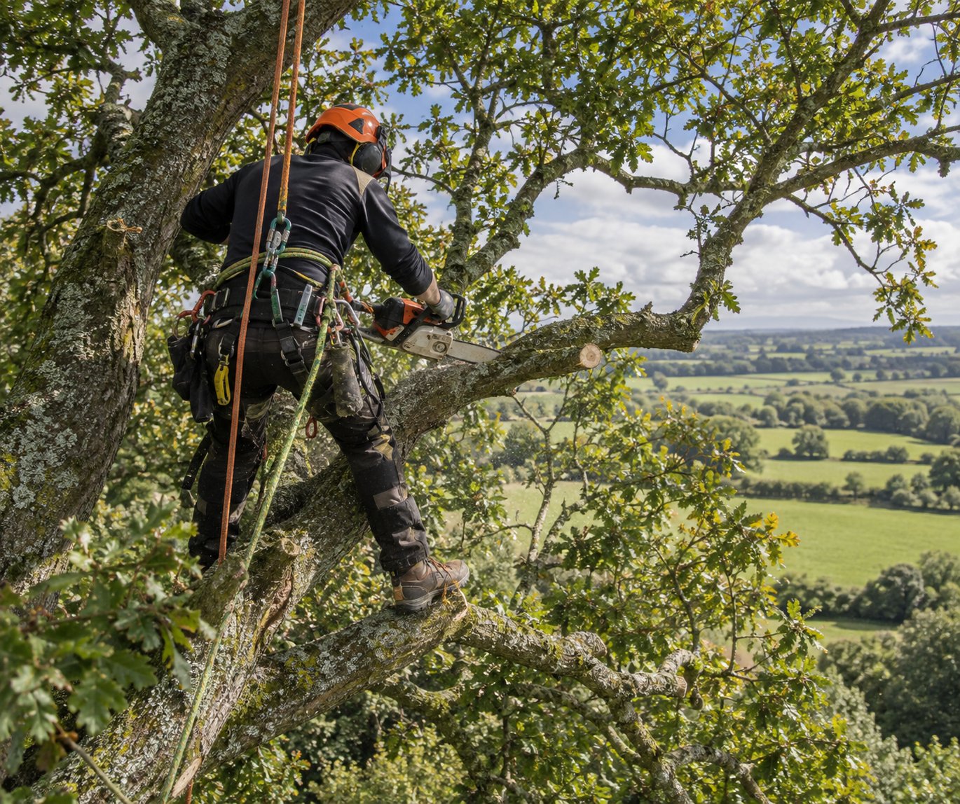 Arborist mid crown-reduction on a mature tree, in safety gear